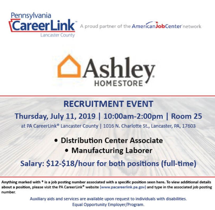 Ashley Homestore Recruiting Event Pa Careerlink Of Lancaster County